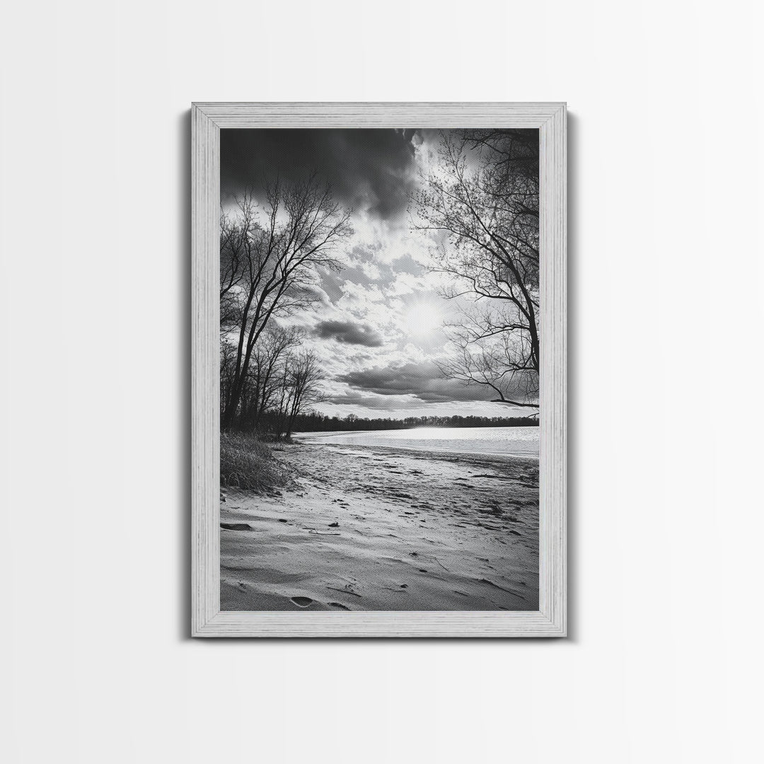 Dramatic Beach Sunset, Bare Trees Silhouette, Nature Photography, Framed Canvas Print, Fall Wall Art, Entryway Decor, Rustic Minimalist