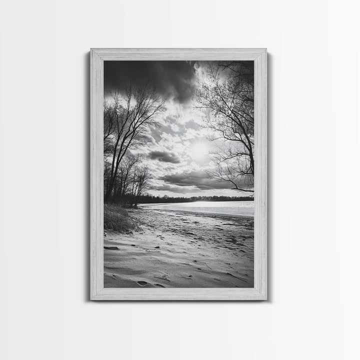 Dramatic Beach Sunset, Bare Trees Silhouette, Nature Photography, Framed Canvas Print, Fall Wall Art, Entryway Decor, Rustic Minimalist