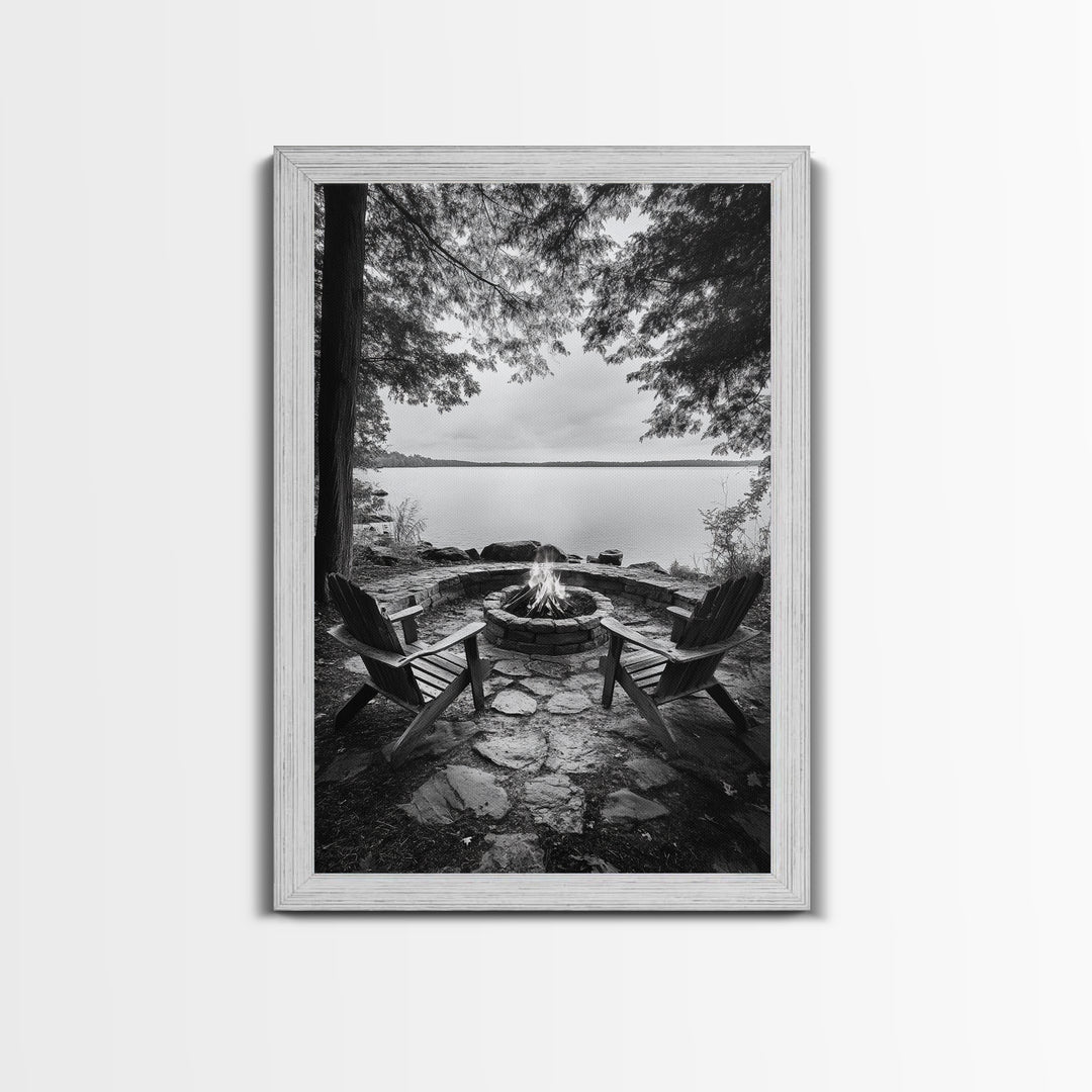 Campfire Lake Night, Adirondack Chairs, Wilderness Glow, Framed Canvas Print, Outdoor Living Wall Art, Cabin Decor, Autumn Retreat Art