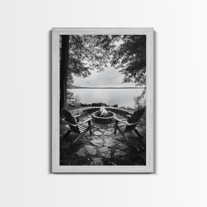 Campfire Lake Night, Adirondack Chairs, Wilderness Glow, Framed Canvas Print, Outdoor Living Wall Art, Cabin Decor, Autumn Retreat Art