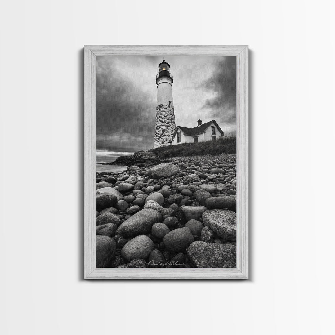 Lighthouse Shore Rocks, Coastal Beacon, Moody Clouds, Framed Canvas Print, Nautical Wall Art, Rustic Beach House Decor, Fall Storm Style