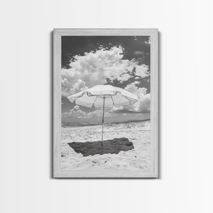 Beach Umbrella, Sunny Escape, Coastal Cloudscape, Framed Canvas Print, Summer Vibe Wall Art, Outdoor Living Decor, Travel Mood