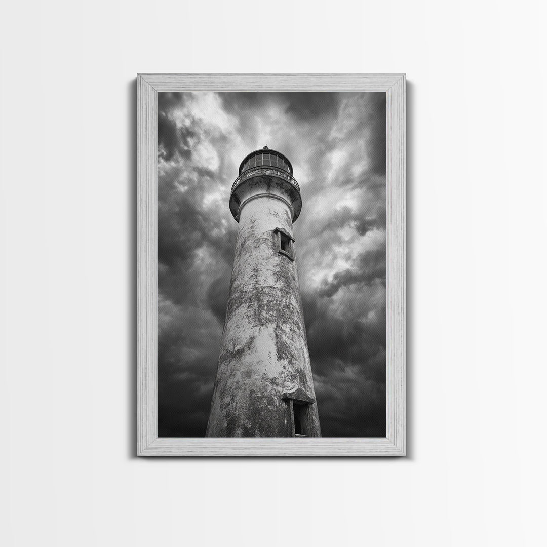 Stormy Lighthouse Closeup, Dramatic Skies, Weathered Beacon, Canvas Print, Coastal Decor, Dark Nautical Wall Art, Moody Ocean Theme