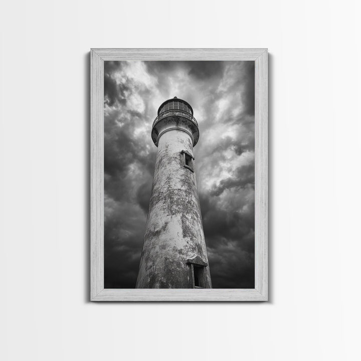 Stormy Lighthouse Closeup, Dramatic Skies, Weathered Beacon, Canvas Print, Coastal Decor, Dark Nautical Wall Art, Moody Ocean Theme