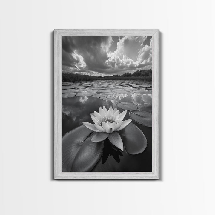 Tranquil Lotus, Cloud Reflections, Water Lily Pond, Framed Canvas Print, Zen Wall Art, Spa Bathroom Decor, Modern Nature Photography