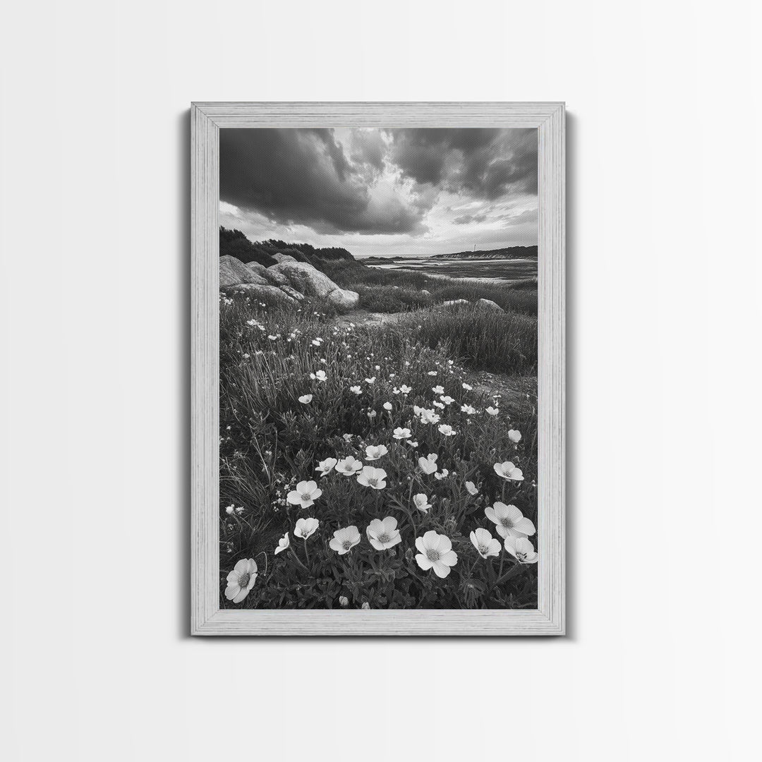 Meadow Bloom, Coastal Flowers, Stormy Sky, Framed Canvas Print, Spring Wall Art, Nature Photography, Kitchen Botanical Decor