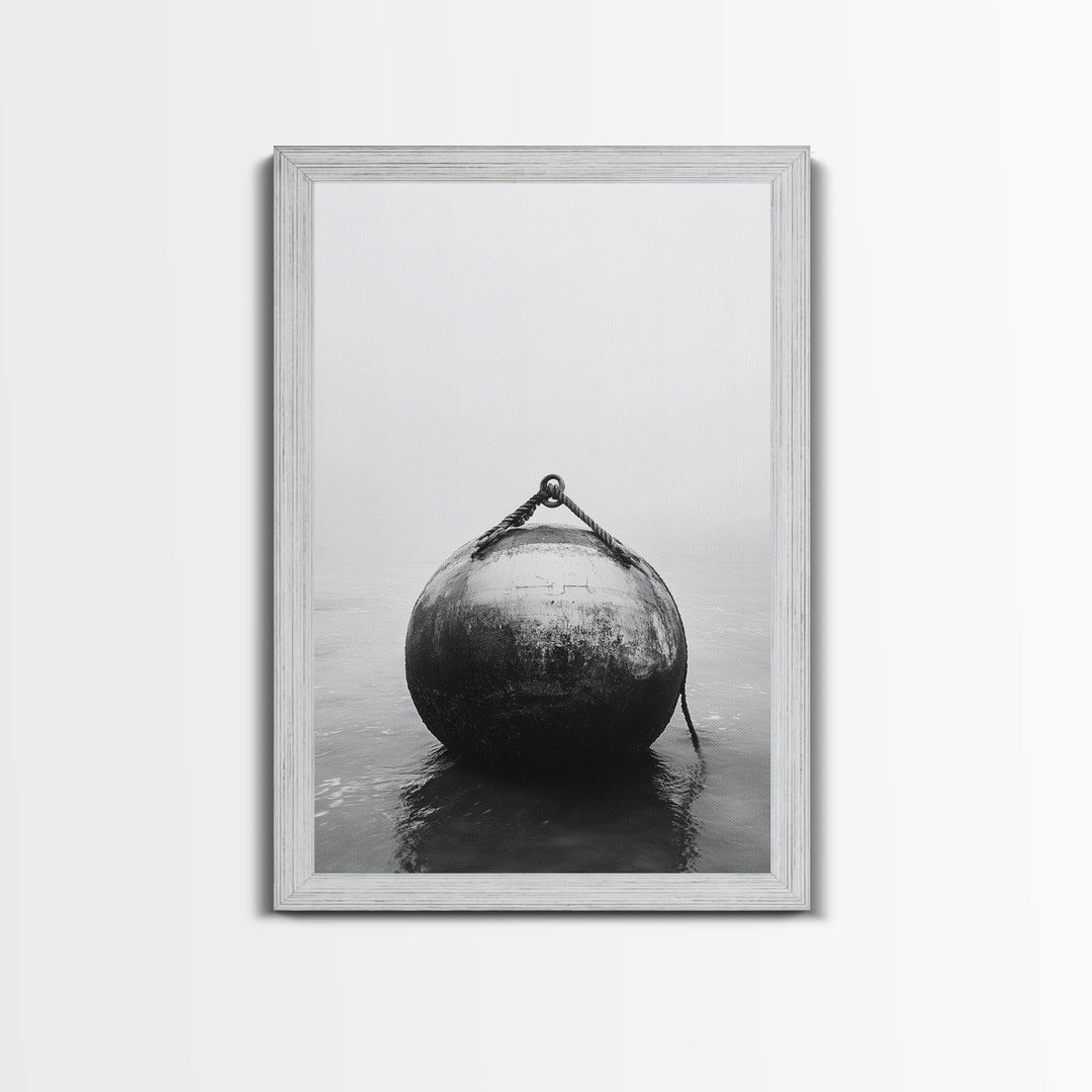 Buoy Stillness, Ocean Fog, Minimal Water, Framed Canvas Print, Nautical Wall Art, Bathroom Decor, Calm Coastal Black and White Art