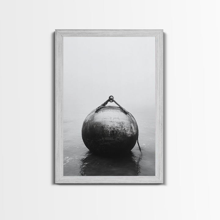 Buoy Stillness, Ocean Fog, Minimal Water, Framed Canvas Print, Nautical Wall Art, Bathroom Decor, Calm Coastal Black and White Art