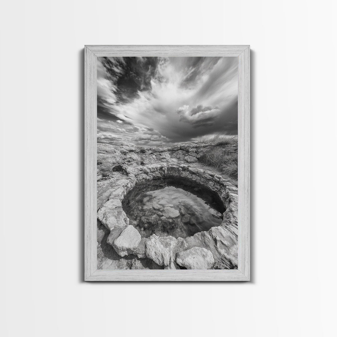 Natural Stone Pool, Sky Reflections, Framed Canvas Print, Bathroom Wall Art, Earthy Neutral Decor, Minimalist Landscape