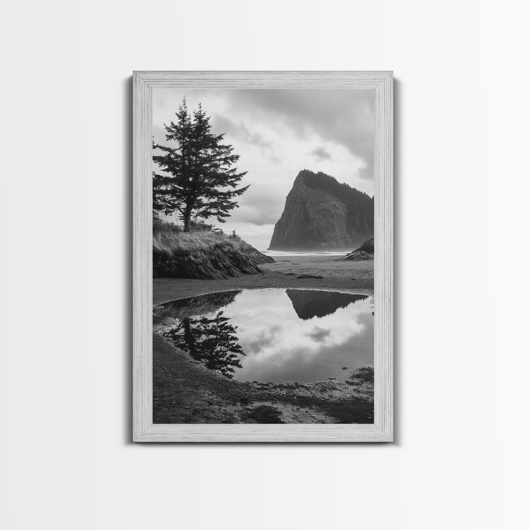 Coastal Rock Reflections, Nature Photography, Ocean Landscape, Framed Canvas Print, Moody Living Room Art, Minimal Decor