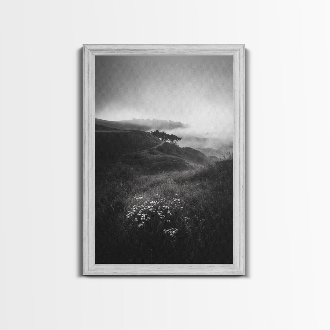 Rolling Mist Hills, Dreamy Countryside, Framed Canvas Print, Black and White Wall Art, Bedroom Calm Decor, Nature Landscape