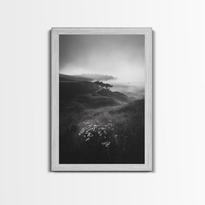 Rolling Mist Hills, Dreamy Countryside, Framed Canvas Print, Black and White Wall Art, Bedroom Calm Decor, Nature Landscape