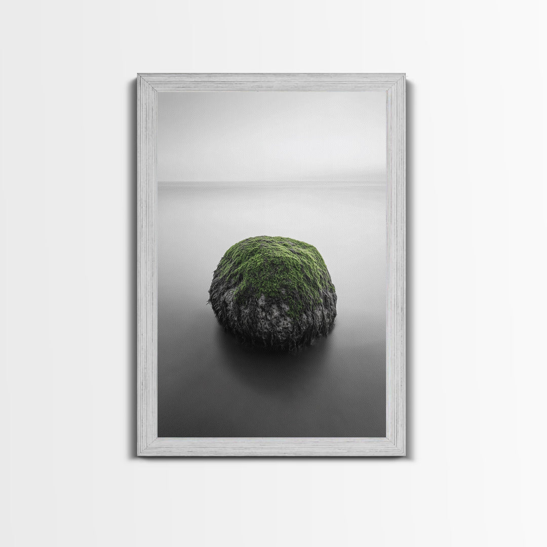 Moss Rock Minimal, Green Accent Art, Coastal Zen Decor, Framed Canvas Print, Modern Neutral Room, Nature Wall Aesthetic
