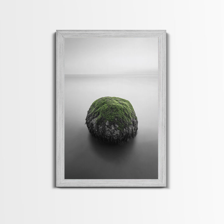 Moss Rock Minimal, Green Accent Art, Coastal Zen Decor, Framed Canvas Print, Modern Neutral Room, Nature Wall Aesthetic