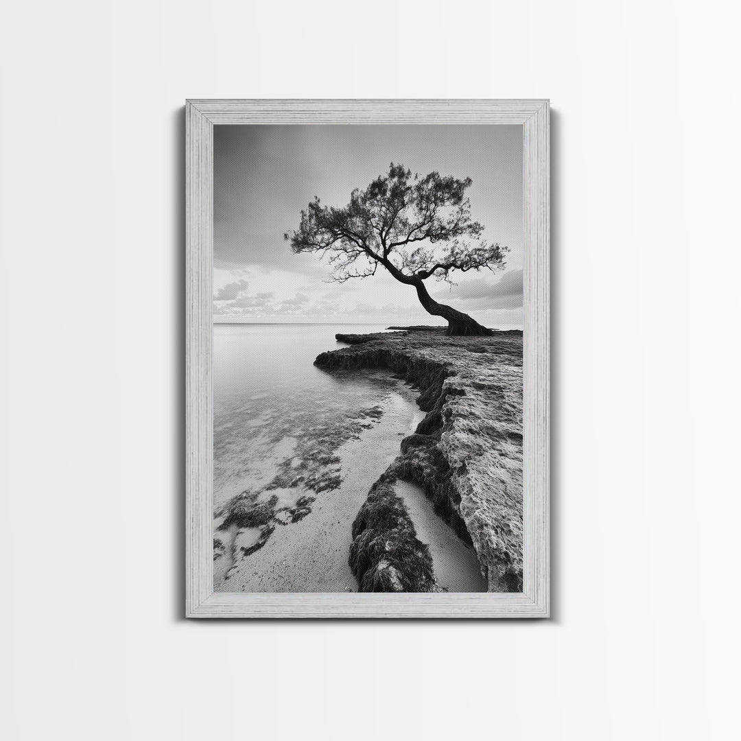 Coastal Tree Silhouette, Serene Nature Art, Ocean Wall Scene, Framed Canvas Print, Beach House Decor, Minimalist Design