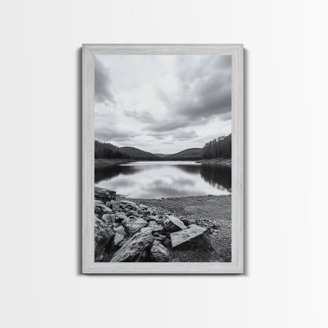Misty Lake View, Peaceful Reflections, Nature Tranquility, Framed Canvas Print, Bedroom Wall Art, Black and White Landscape, Minimalist Art