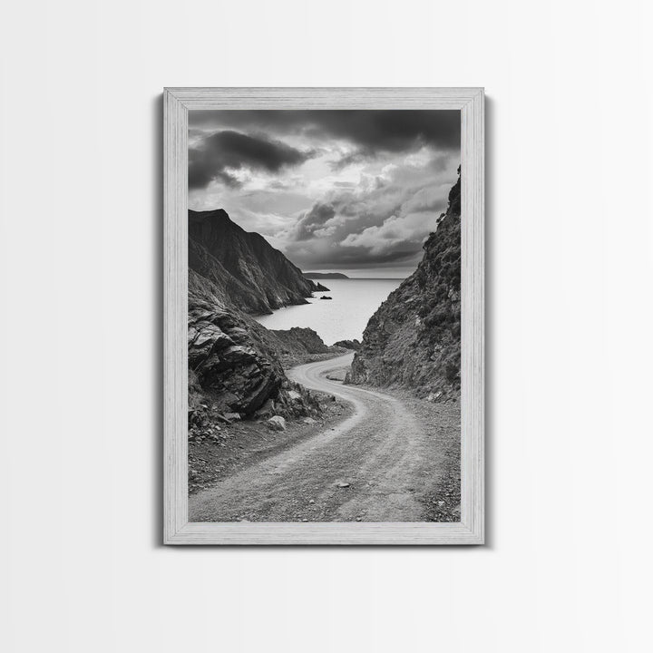 Coastal Road Curve, Rugged Cliff Path, Dramatic Seascape, Canvas Print, Office Wall Art, Monochrome Nature Art, Rustic Home Decor