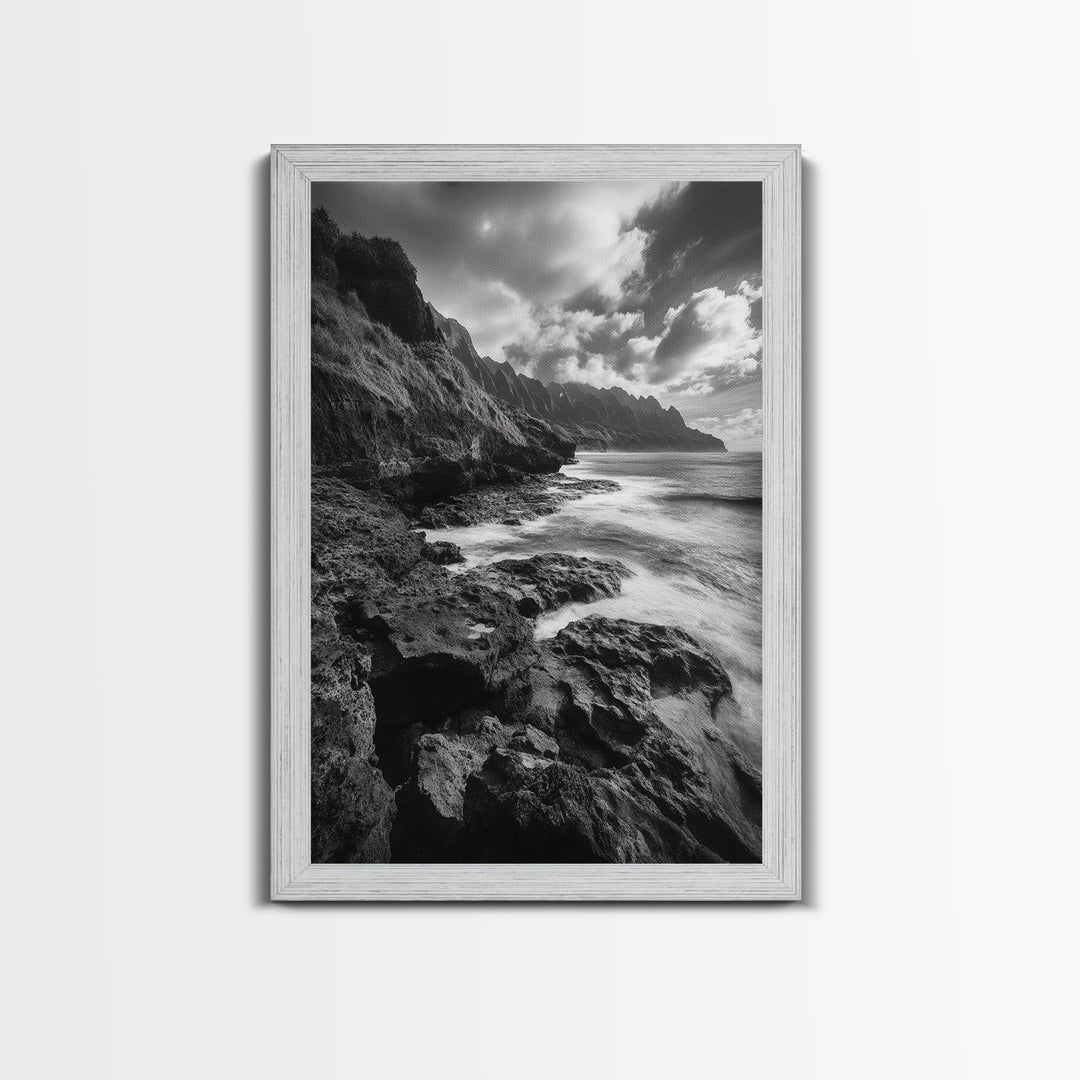 Coastal Cliffs, Ocean Horizon, Wild Waves, Framed Canvas Print, Bathroom Wall Art, Black and White Seascape, Coastal Decor, Moody Art