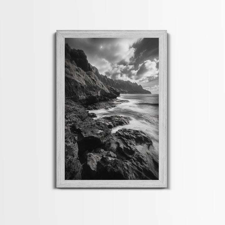 Coastal Cliffs, Ocean Horizon, Wild Waves, Framed Canvas Print, Bathroom Wall Art, Black and White Seascape, Coastal Decor, Moody Art