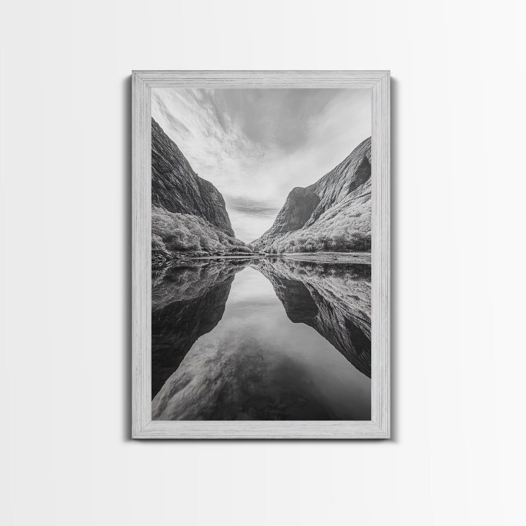 Fjord Reflection, Mountain Valley Calm, Mirror Lake, Canvas Print, Hallway Wall Art, Scandinavian Style Art, Black and White Minimalist