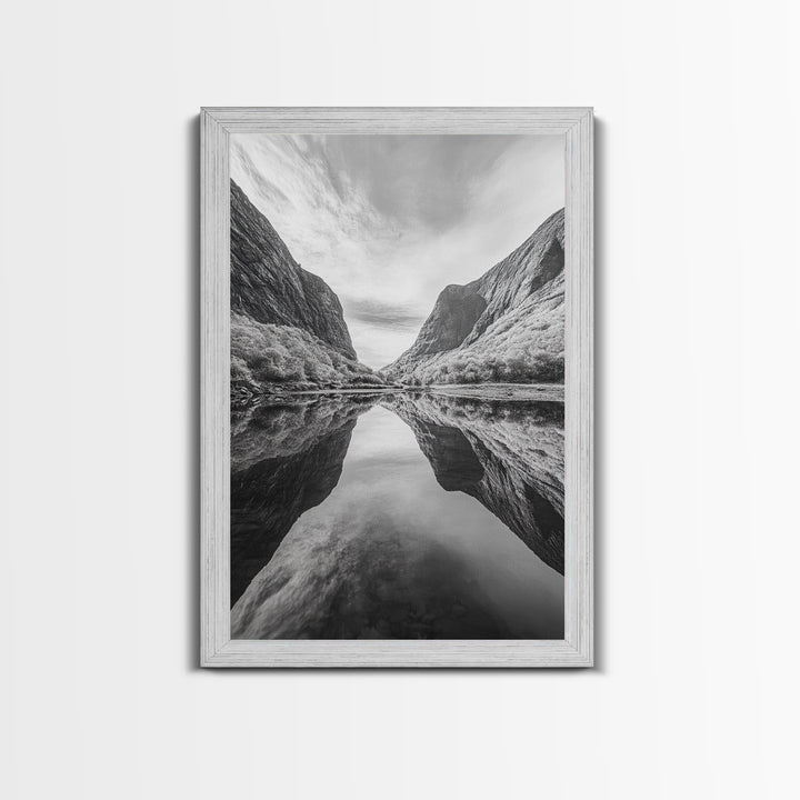 Fjord Reflection, Mountain Valley Calm, Mirror Lake, Canvas Print, Hallway Wall Art, Scandinavian Style Art, Black and White Minimalist