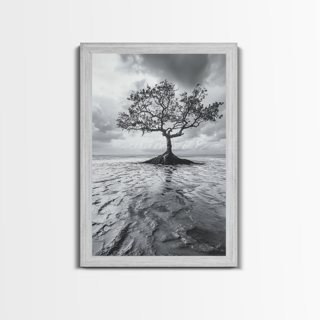 Lonely Tree, Coastal Roots, Ocean Breeze, Framed Canvas Print, Entryway Wall Art, Moody Nature Photography, Minimalist Earth Tones