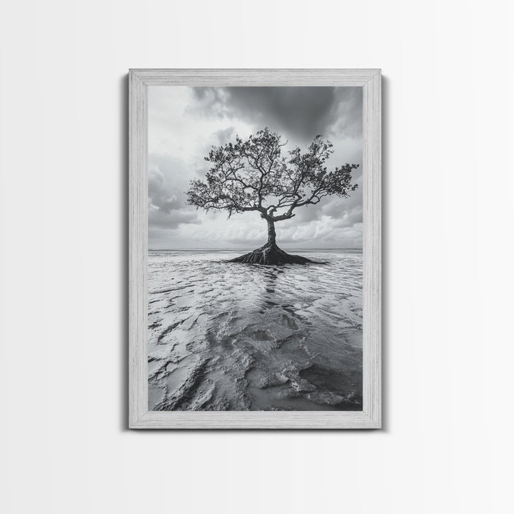 Lonely Tree, Coastal Roots, Ocean Breeze, Framed Canvas Print, Entryway Wall Art, Moody Nature Photography, Minimalist Earth Tones