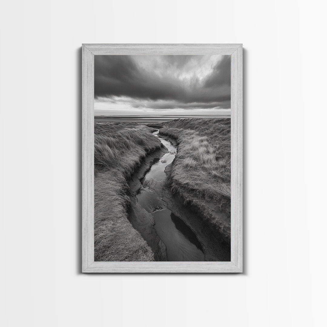 Winding Stream, Grassy Dunes, Ocean Horizon, Canvas Print, Kitchen Wall Art, Black and White Nature Scene, Coastal Rustic Decor