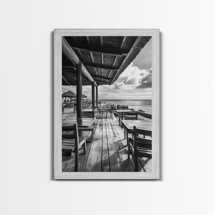 Seaside Café, Coastal Patio, Ocean View, Canvas Print, Rustic Kitchen Wall Art, Tropical Dining Decor, Travel Lifestyle Art