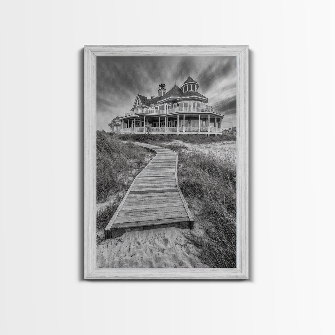 Beach House, Boardwalk Path, Coastal Architecture, Framed Canvas Print, Hallway Wall Art, Neutral Tones, Minimalist Coastal Style
