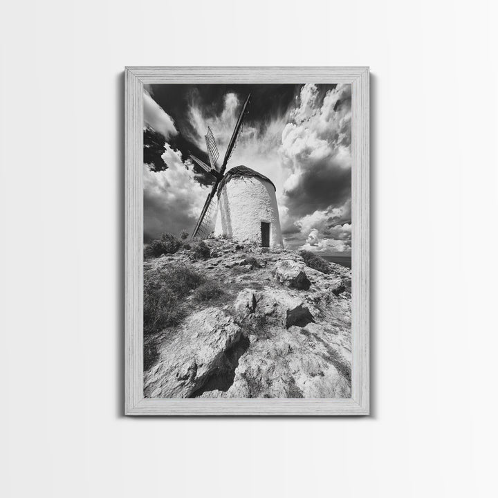 Windmill Hill, Dramatic Sky Art, European Landscape, Framed Canvas Print, Entryway Wall Art, Rustic Decor, Monochrome Photography