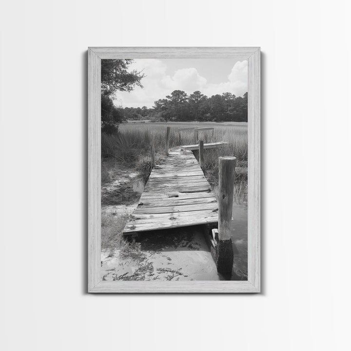 Marsh Dock, Southern Nature, Weathered Pier, Framed Canvas Print, Guest Room Wall Art, Rural Landscape, Fall Wall Art, Country Style