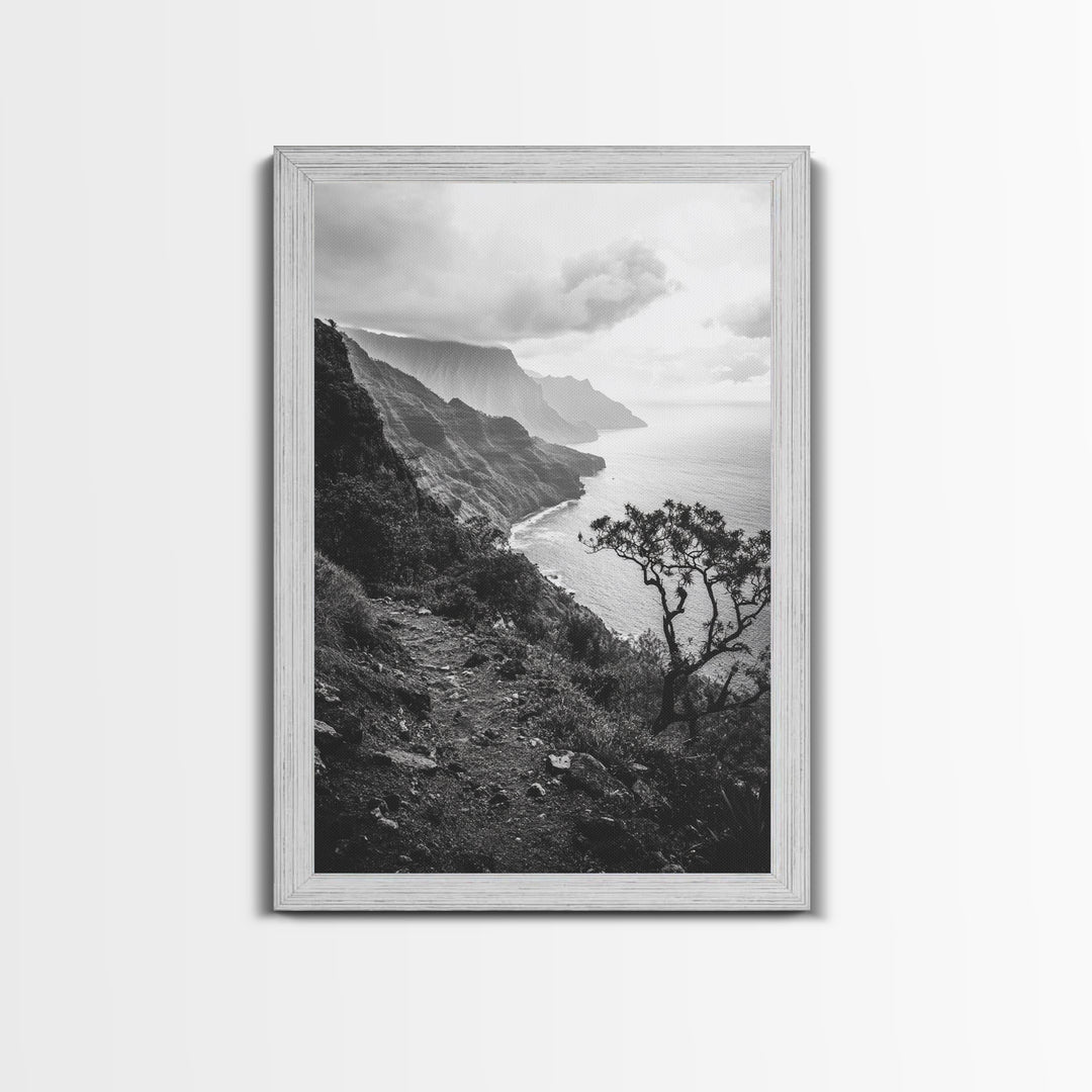 Coastal Cliff, Ocean Horizon, Hiking Trail, Framed Canvas Print, Nature Photography, Boho Wall Art, Living Room Decor, Minimalist Earth Tones