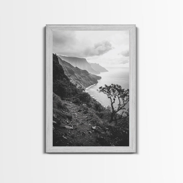 Coastal Cliff, Ocean Horizon, Hiking Trail, Framed Canvas Print, Nature Photography, Boho Wall Art, Living Room Decor, Minimalist Earth Tones