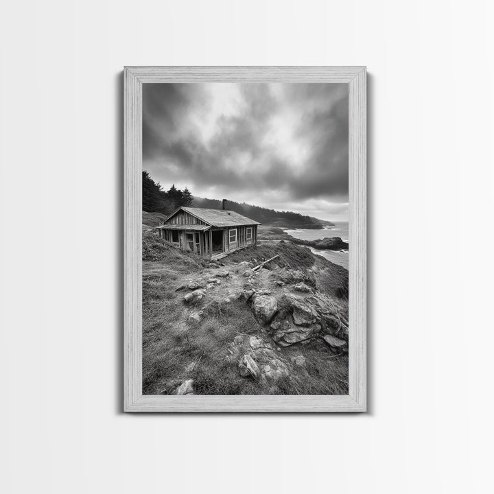 Abandoned Cabin, Coastal Cliff, Moody Landscape, Autumn Wall Art, Framed Canvas Print, Living Room Rustic Art, Farmhouse Aesthetic