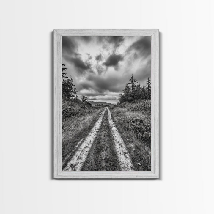 Forest Trail, Overcast Sky, Nature Pathway, Moody Landscape, Framed Canvas Print, Office Wall Art, Woodland Autumn Decor