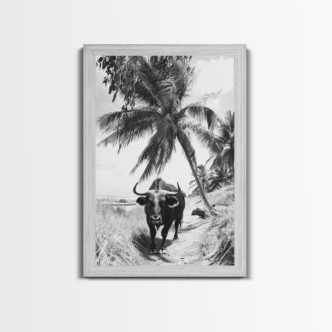 Tropical Bull, Palm Tree, Island Wildlife, Rural Photography, Framed Canvas Print, Kitchen Wall Art, Exotic Boho Decor, farmhouse decor