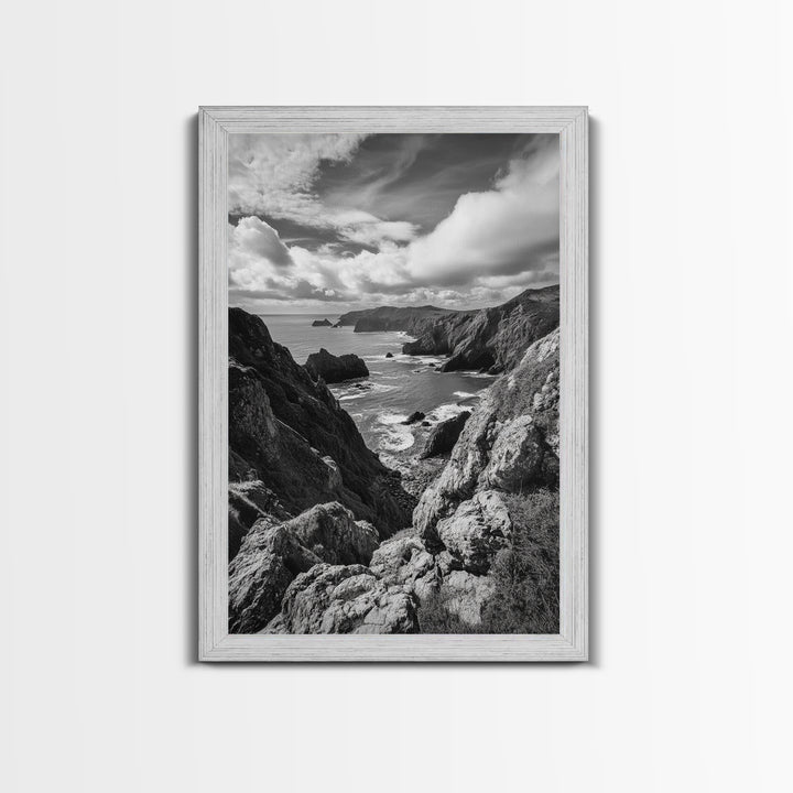 Rugged Cliffs, Ocean View, Coastal Escape, Framed Canvas Print, black and white coastal art, beach house wall decor, moody ocean print