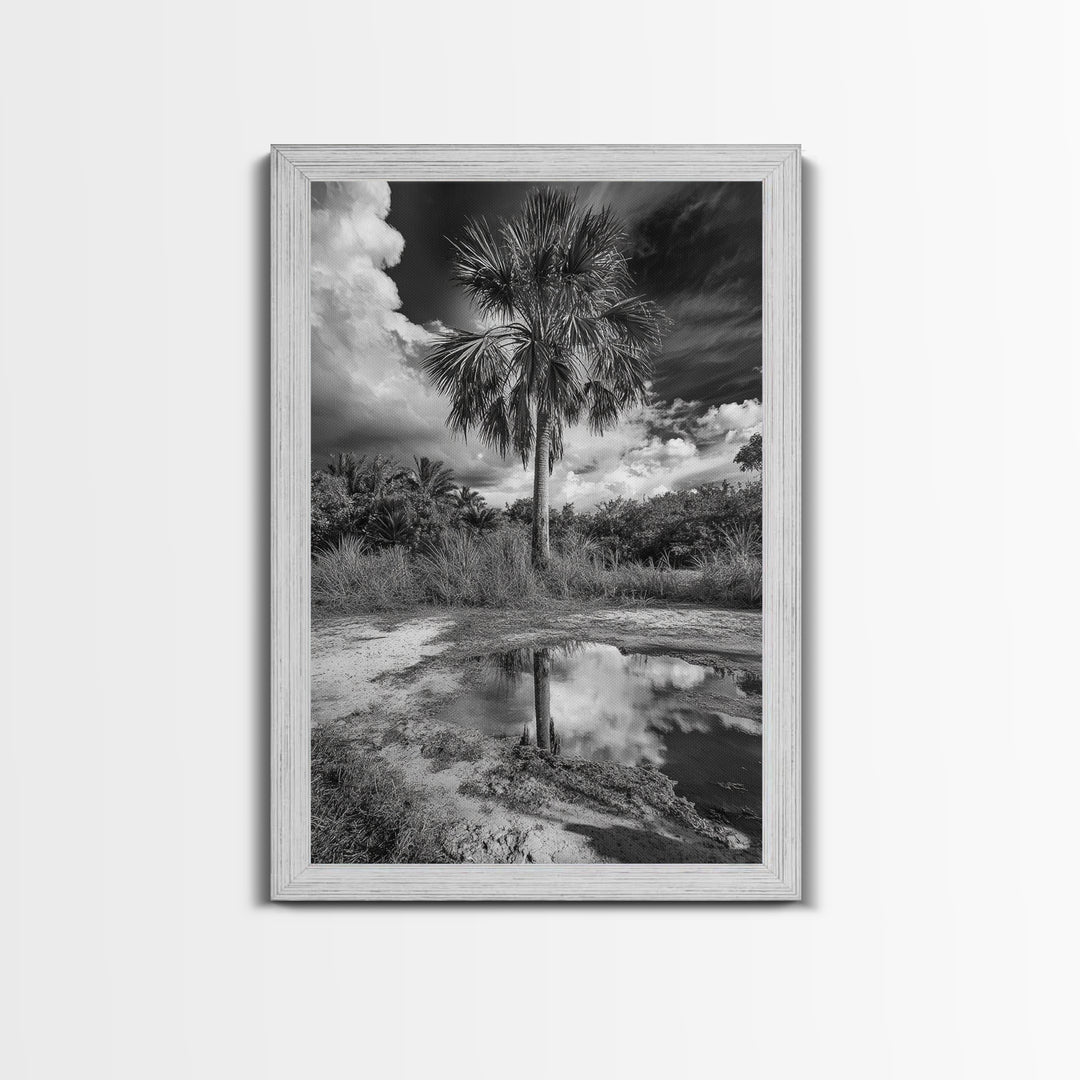 Tropical Palm, Reflected Sky, Nature Tranquility, Canvas Print, boho wall decor, bathroom art, tropical reflection photography