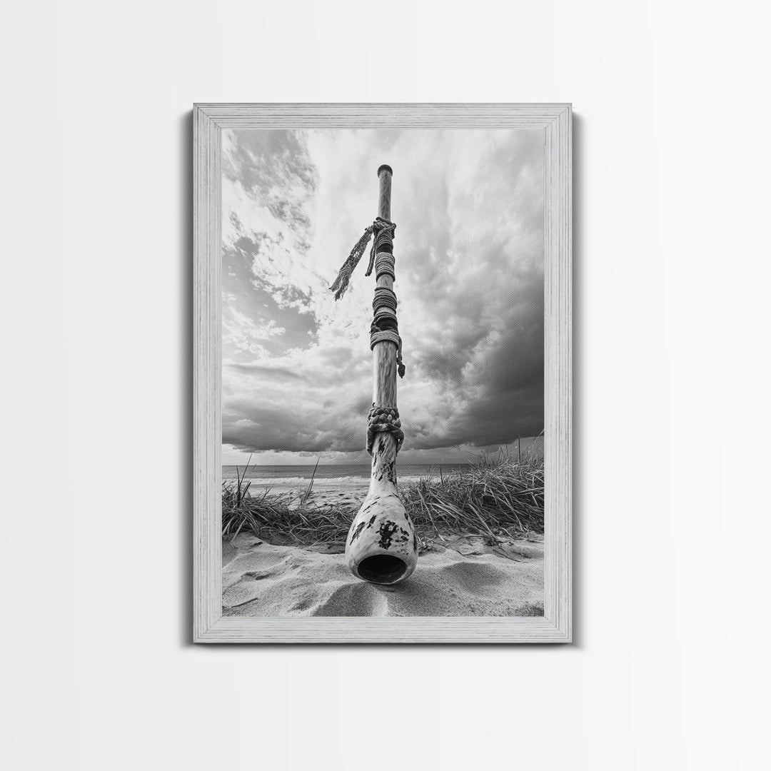 Coastal Totem, Beach Symbol, Stormy Horizon, Framed Canvas Print, nautical art, entryway decor, tribal coastal artwork, Modern Loft Decor