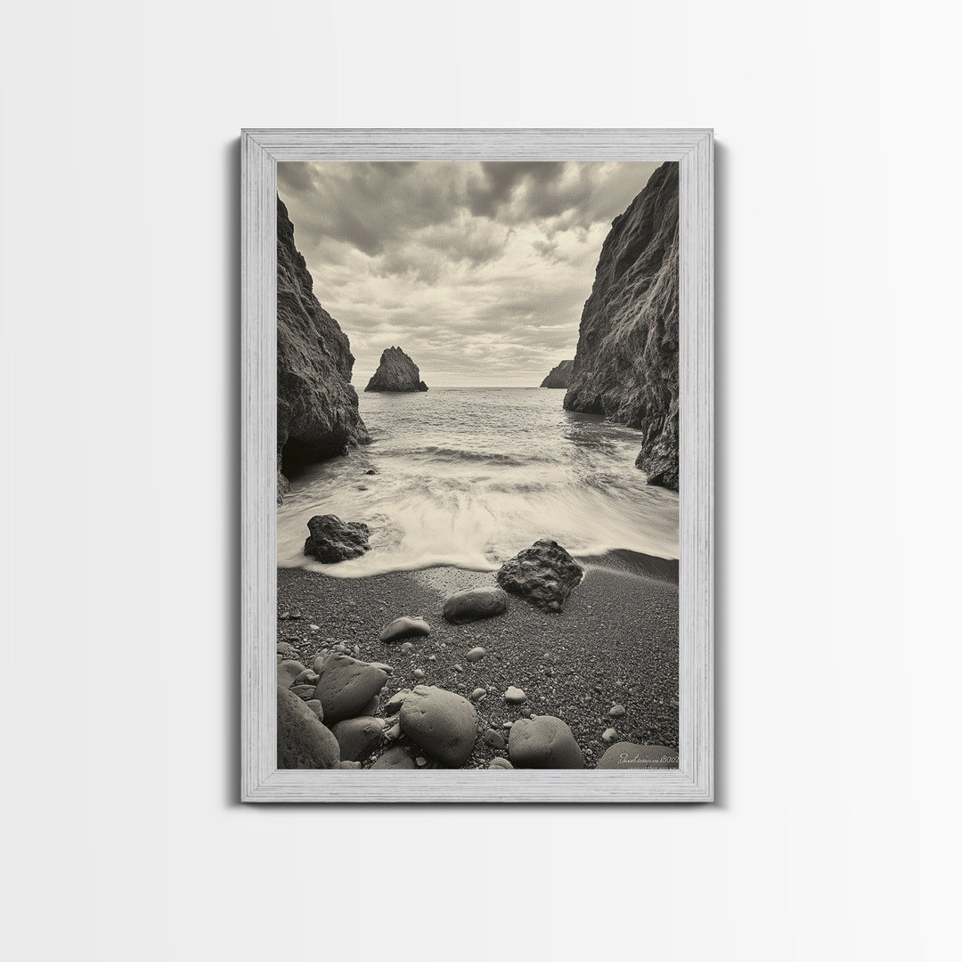 Secluded Cove, Rocky Shoreline, Ocean Retreat, Canvas Print, neutral beach art, living room decor, coastal nature photography