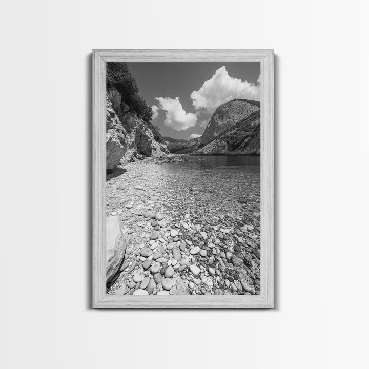 Rocky Beach, Crystal Water, Mountain Backdrop, Framed Canvas Print, tranquil lake art, minimalist decor, natural wall art