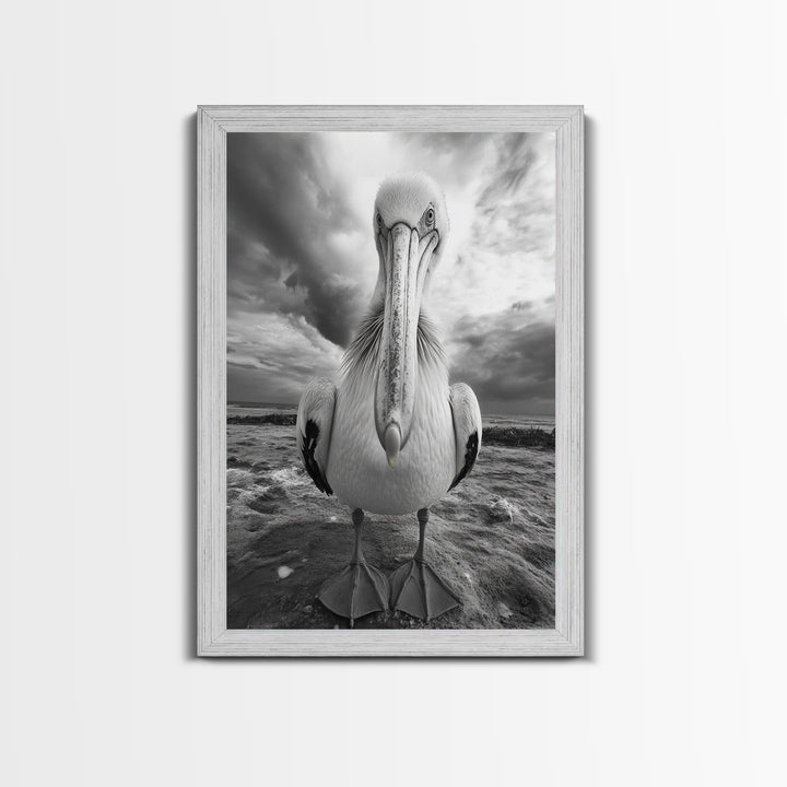 Bold Pelican, Coastal Storm, Bird Portrait, Canvas Print, wildlife wall art, beach house decor, dramatic black and white animal art