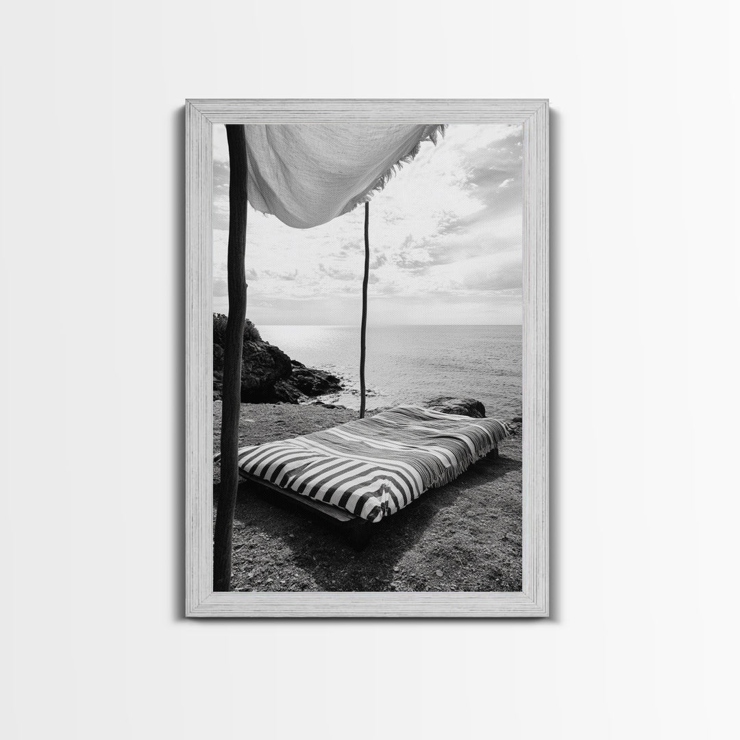 Seaside Nap, Minimal Daybed, Coastal Shade, Serene Moment, Canvas Print, Beach Bedroom Decor, Boho Seaside Art, Coastal Wall Style
