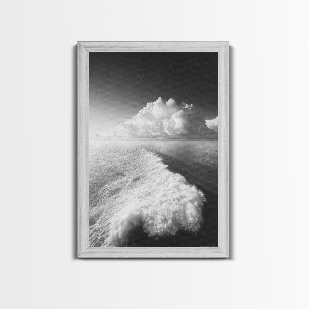 Ocean Wake, Cloud Horizon, Surreal Seascape, Framed Canvas Print, Dreamy Black White Wall Art, Bathroom Decor, Coastal Fantasy Art