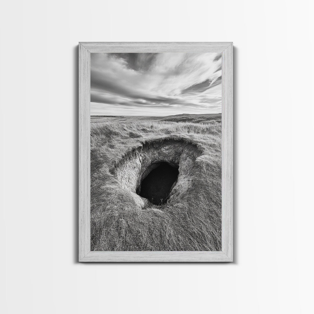 Burrow Entrance, Hidden Hole, Grassland Tunnel, Canvas Print, Nature Wall Art, Living Room Decor, Black White Landscape Photography