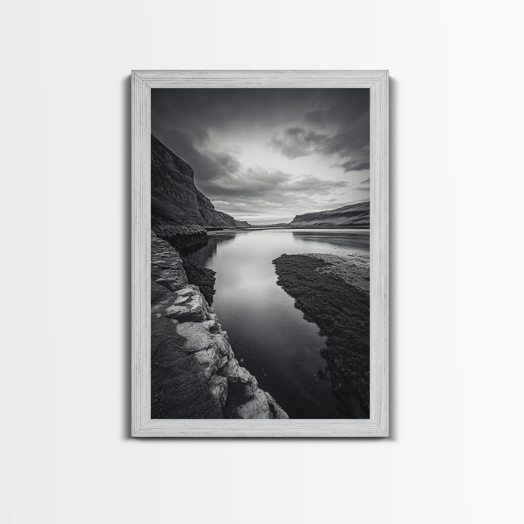 River Gorge, Twilight Reflections, Cliffside Calm, Canvas Print, Moody Black White Wall Art, Bedroom or Office Decor, Dramatic Landscape