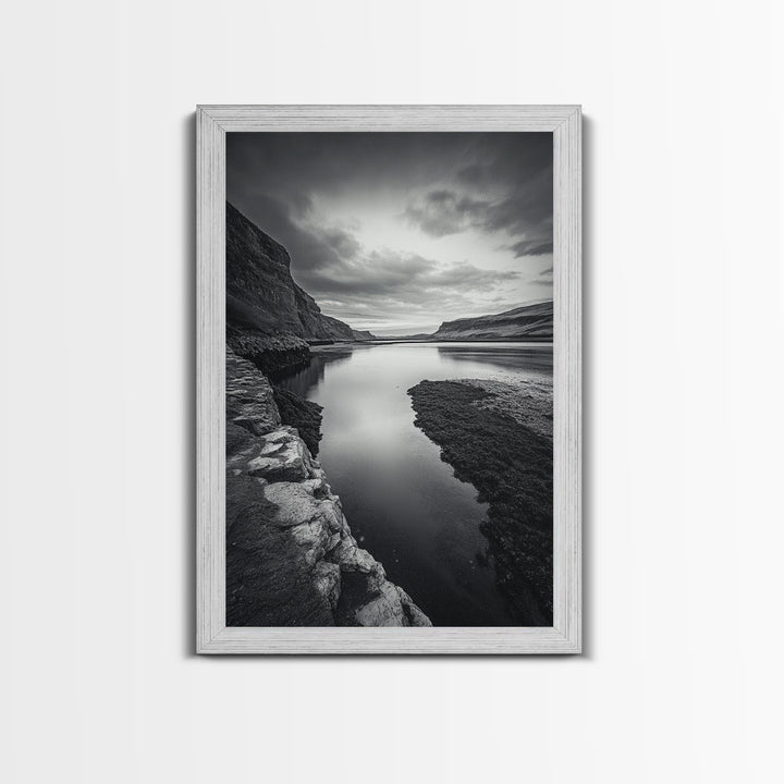 River Gorge, Twilight Reflections, Cliffside Calm, Canvas Print, Moody Black White Wall Art, Bedroom or Office Decor, Dramatic Landscape