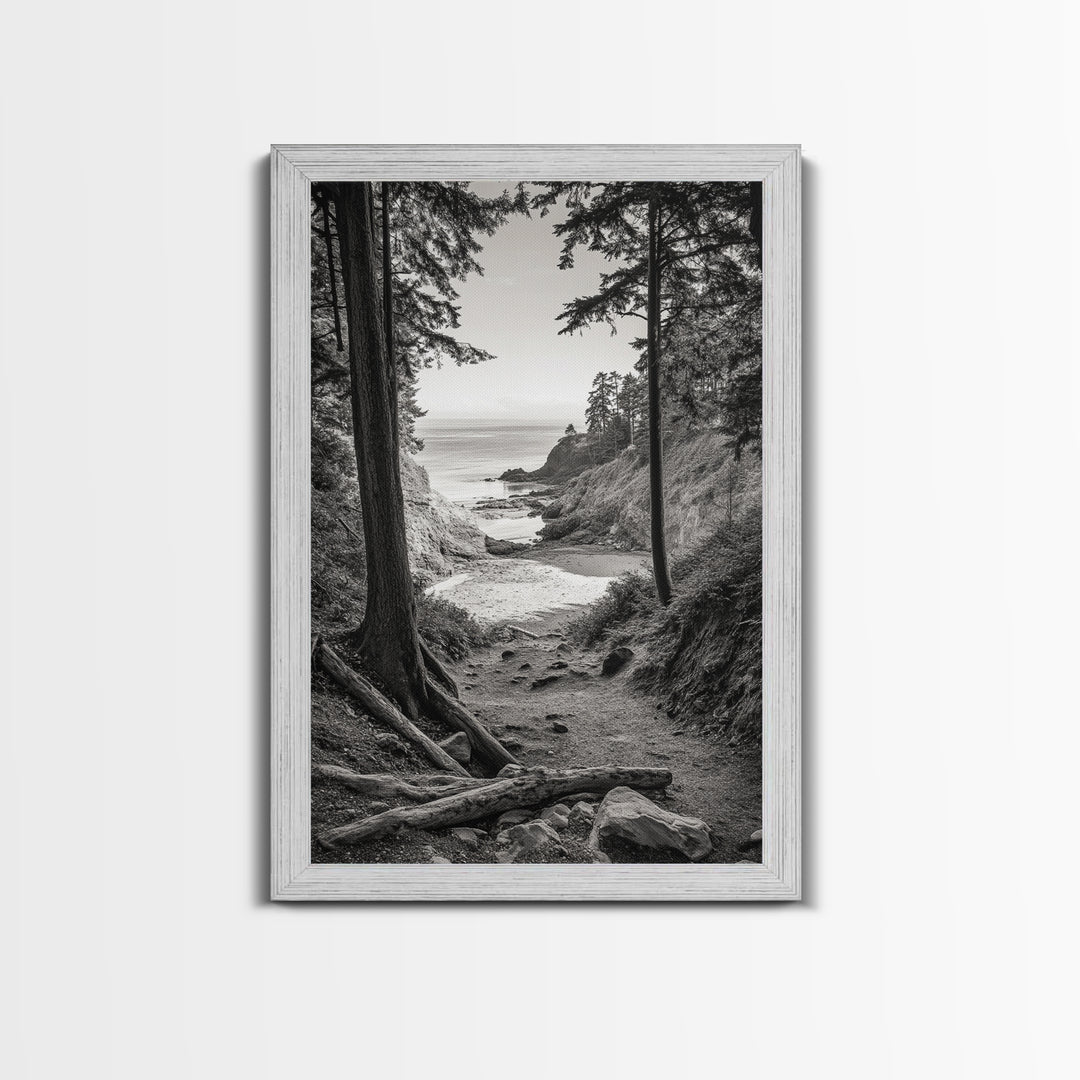 orest Cove, Ocean View, Pacific Trail, Framed Canvas Print, Coastal Nature Wall Art, Entryway Decor, Earthy Minimalist Photography