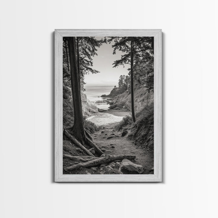 orest Cove, Ocean View, Pacific Trail, Framed Canvas Print, Coastal Nature Wall Art, Entryway Decor, Earthy Minimalist Photography